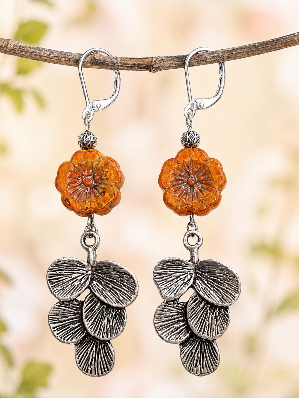 Orange Czech Glass Flower Earrings, Silver Botanical Premium Leverback